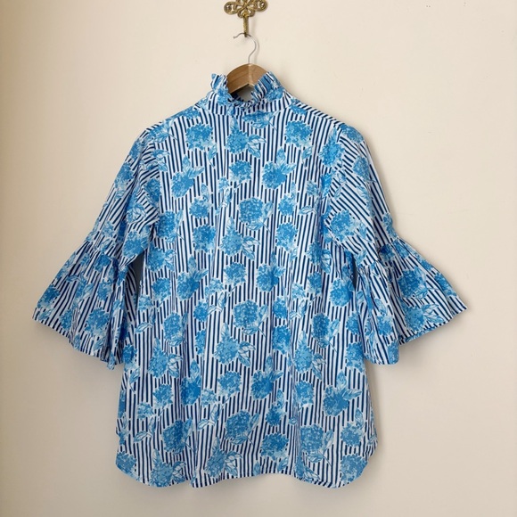 Holly Shae Blue Floral Stripe Button Front Tunic Blouse XS - Picture 5 of 8